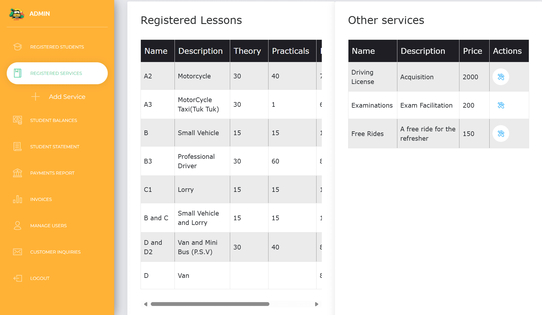 Sony Driving School Admin Panel